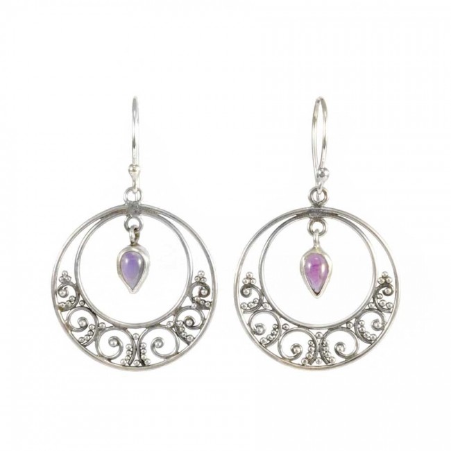 Boucles d'oreilles rondes en argent avec pierres pendantes - BIJOUX ARGENT - Boutique Nirvana