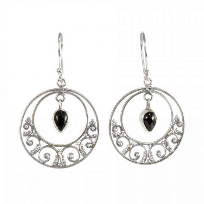 Boucles d'oreilles rondes en argent avec pierres pendantes - BIJOUX ARGENT - Boutique Nirvana