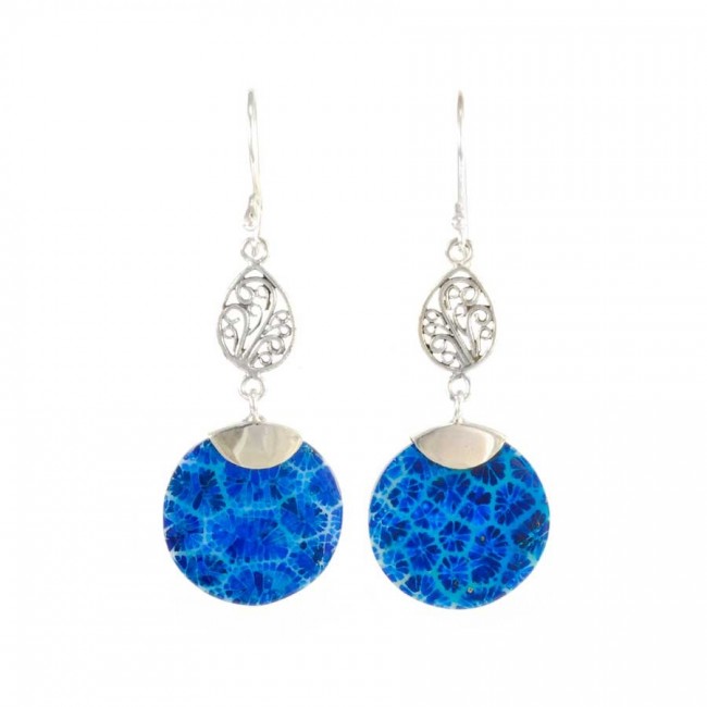 Boucles d'oreilles en argent pendante filigrane et pierre ronde - BIJOUX ARGENT - Boutique Nirvana