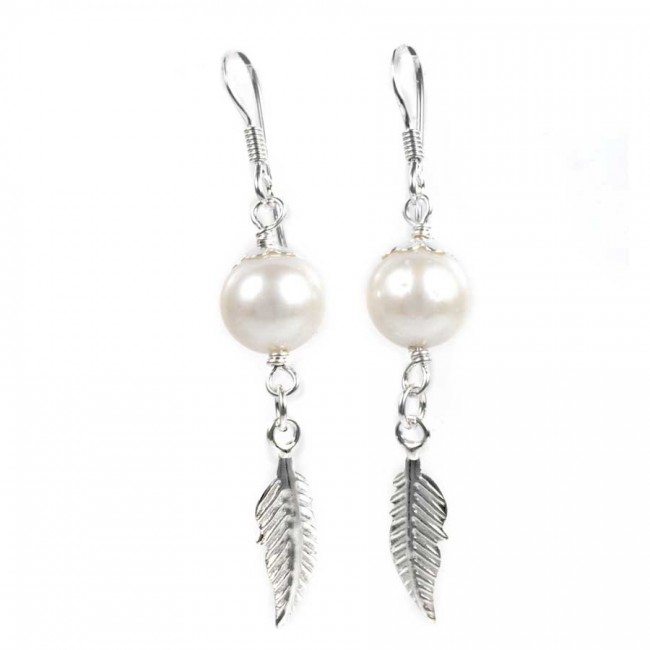 Boucles d'oreilles plume d'argent et pierre - BIJOUX ARGENT - Boutique Nirvana