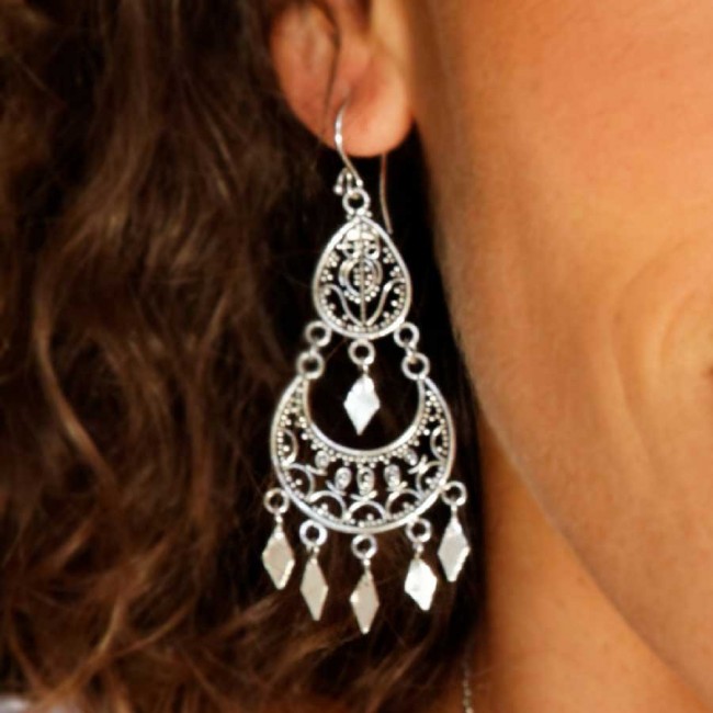 Boucles D'oreilles Pendentives Filigrane – Métal Argenté, Style Vintage – Neuves Sans Emballage