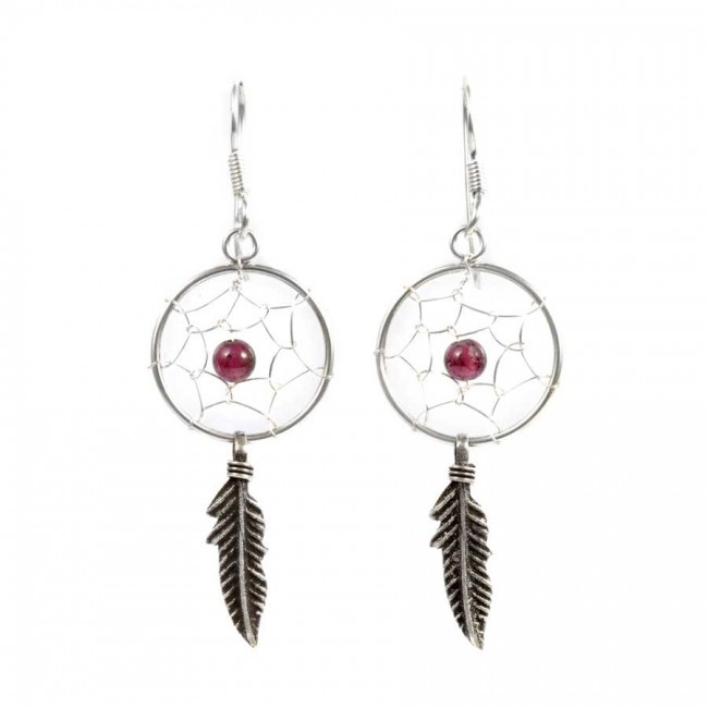 Boucles d'oreilles capteur de rêve - 1 plume - Silver Jewellery - Boutique Nirvana