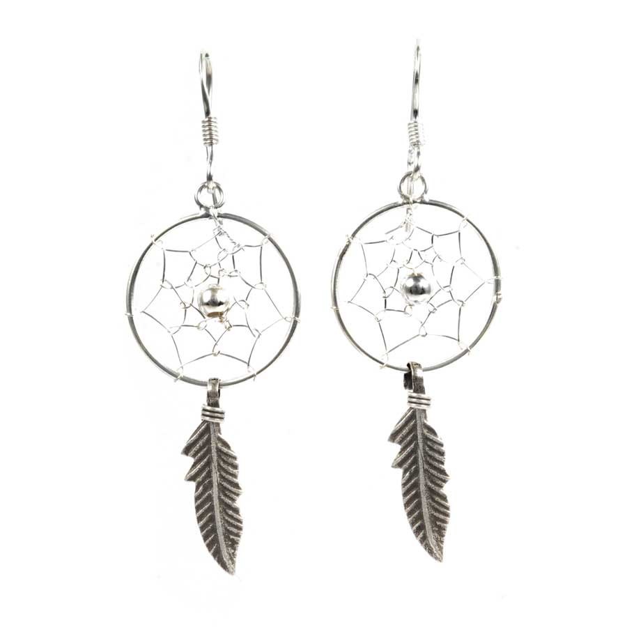 Boucles d'oreilles capteur de rêve - 1 plume - Silver Jewellery - Boutique Nirvana