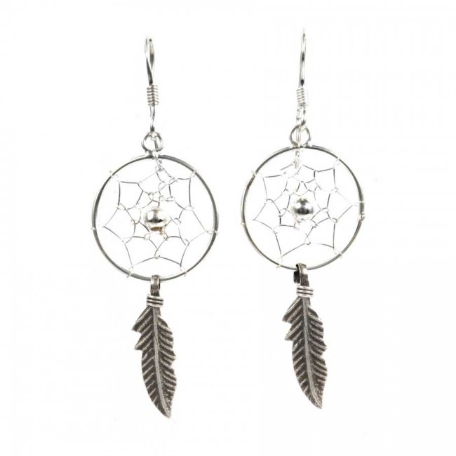 Boucles d'oreilles capteur de rêve - 1 plume - Silver Jewellery - Boutique Nirvana