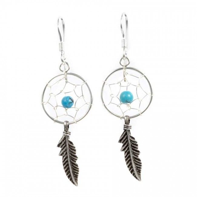 Boucles d'oreilles capteur de rêve - 1 plume - Silver Jewellery - Boutique Nirvana