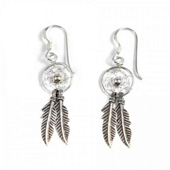 Boucles d'oreilles capteur de rêves double plume - BIJOUX ARGENT - Boutique Nirvana