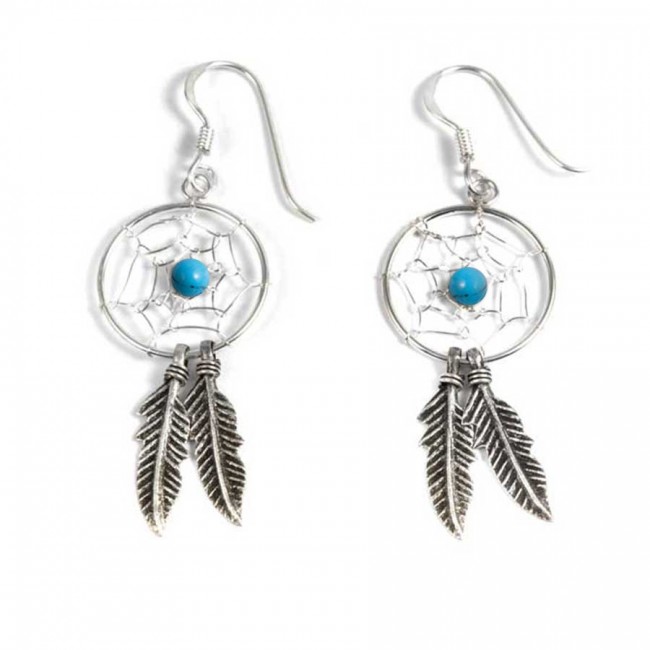 Boucles d'oreilles capteurs de rêves moyens 2 plumes - Silver Jewellery - Boutique Nirvana