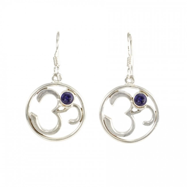 Silver Om Earrings with Natural Stone - Silver Jewellery - Boutique Nirvana