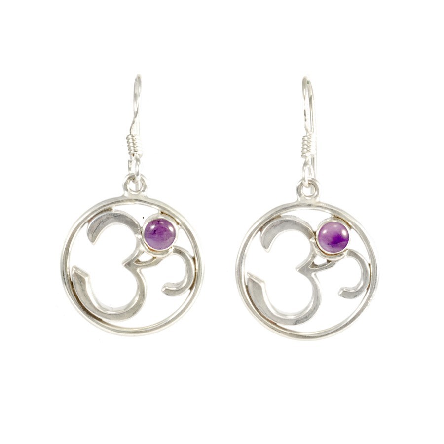 Silver Om Earrings with Natural Stone - Silver Jewellery - Boutique Nirvana
