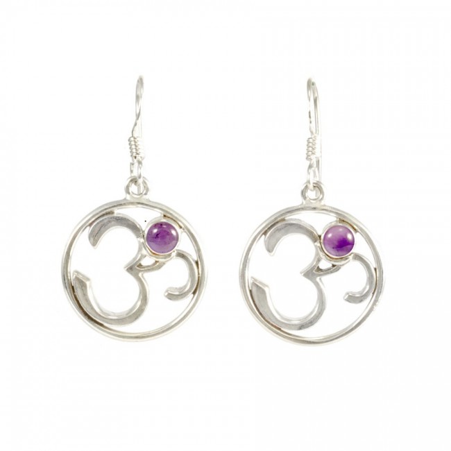 Silver Om Earrings with Natural Stone - Silver Jewellery - Boutique Nirvana