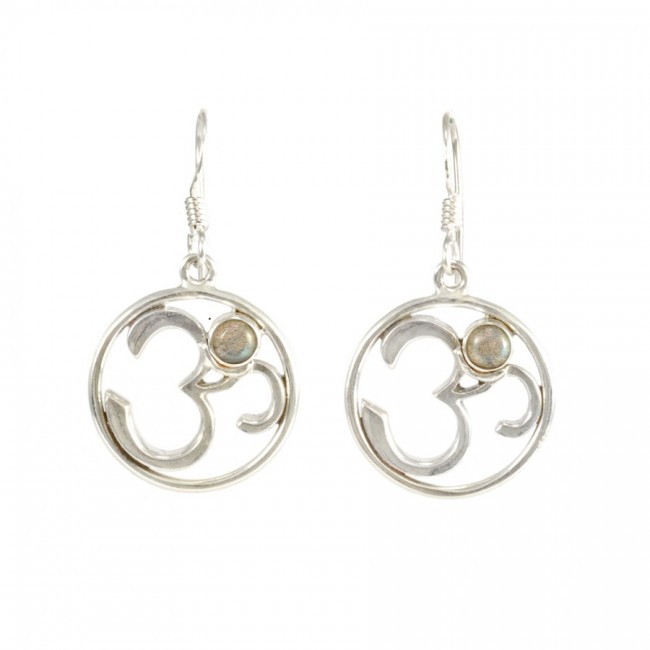 Silver Om Earrings with Natural Stone - Silver Jewellery - Boutique Nirvana