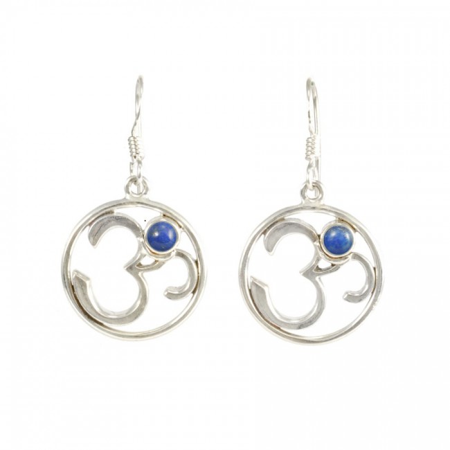 Silver Om Earrings with Natural Stone - Silver Jewellery - Boutique Nirvana