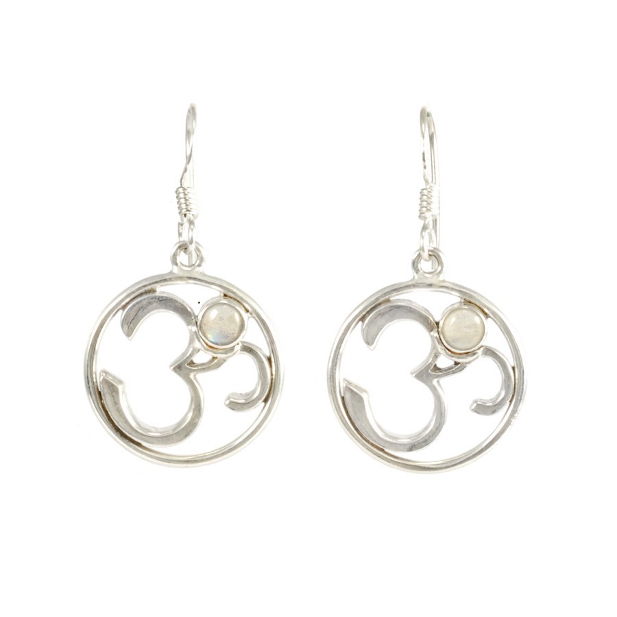 Silver Om Earrings with Natural Stone - Silver Jewellery - Boutique Nirvana
