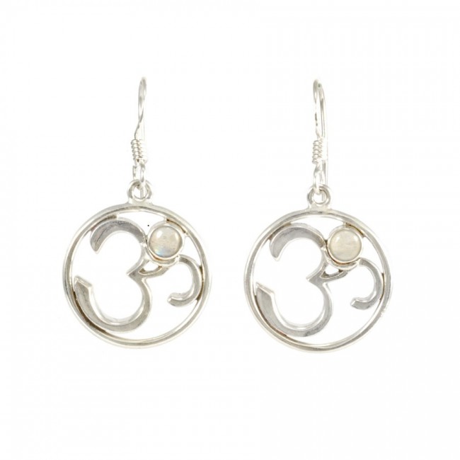 Silver Om Earrings with Natural Stone - Silver Jewellery - Boutique Nirvana