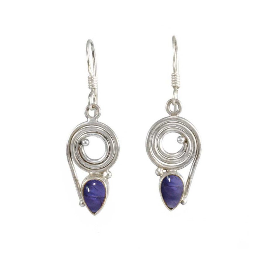 Silver Spiral Earrings with Natural Stone - Silver Jewellery - Boutique Nirvana